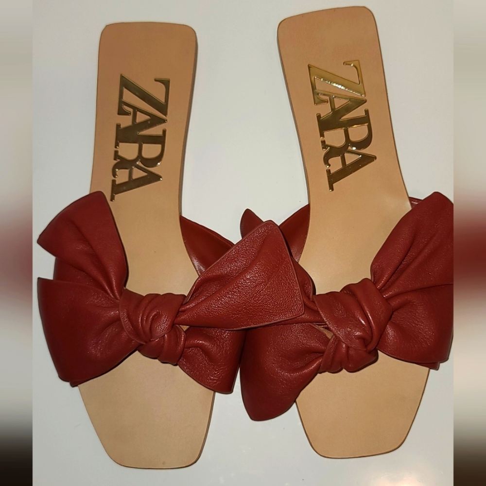 Zara Flat Leather Sandals Flats Mules with bow EUR 37 or US 6.5